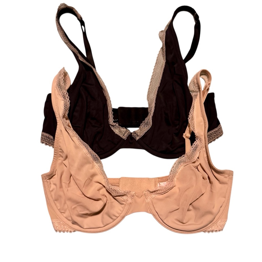 VS Pair of Lace Trim Unlined Underwire Bras - Black and Tan Size via 32DD